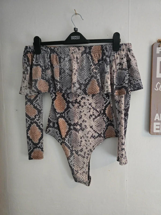 Prettylittlething Beige & Brown off the shoulder  Snakeskin Bodysuit - Size 8