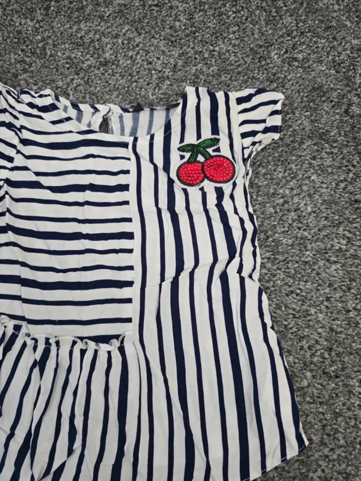 Primark Girls White & Navy Striped Sequin Cherry Frill T-Shirt Age 4-5 Years