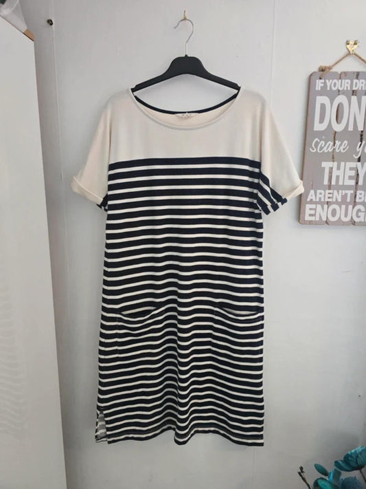 White Stuff Cream & Navy Striped Short Sleeved Midi Dress - Size 12