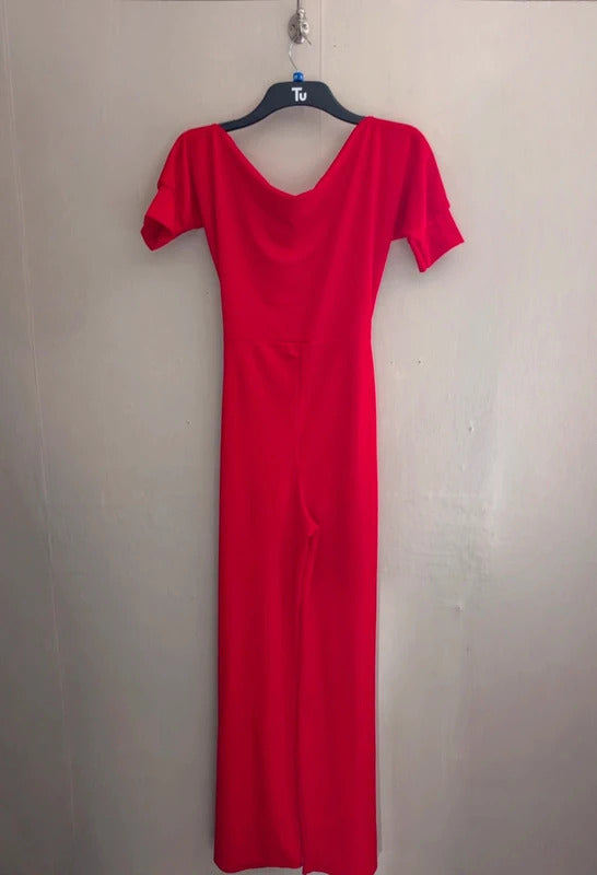 PrettyLittleThing Red Belted Short-Sleeved Flared Jumpsuit Size 10