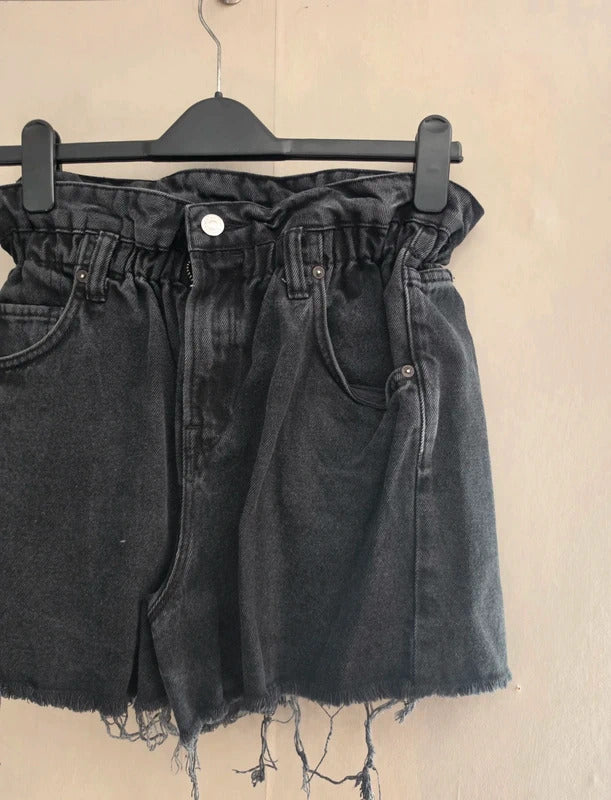 AllSaints Black Distressed High-Waist Paperbag Denim Shorts W30 Size 12-14