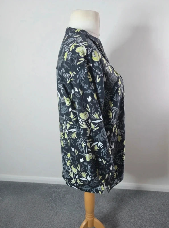 TIGI Black Green & White Floral Print Blouse Size 14-16 Relaxed Fit 3/4 Sleeve Tunic