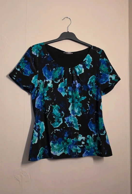 Jacques Vert Black Green & Purple Floral Blouse Size 10