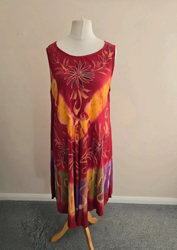 Red & Yellow Tie-Dye Embroidered Asymmetrical Midi Dress One Size