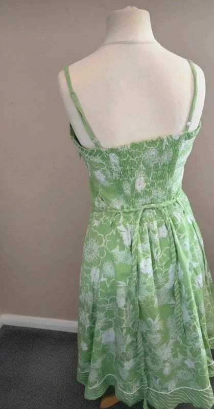 New Look Y2K Green & White Floral Cotton Belted Flared Dress Size 14