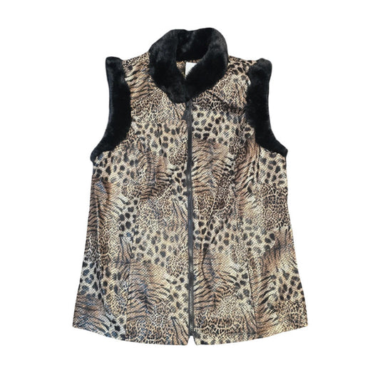 Bob Mackie Leopard Print Faux Fur Gilet Black Brown Size XS Zip Up Lined New