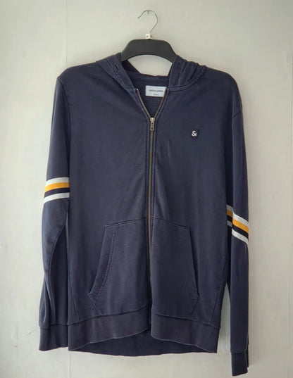Mens Jack & Jones Navy Zip Up Hoodie Yellow White Stripe Size M