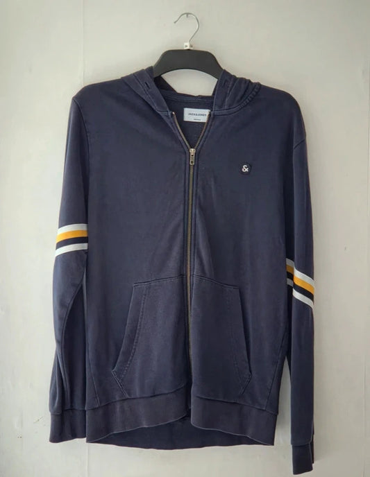 Mens Jack & Jones Navy Zip Up Hoodie Yellow White Stripe Size M