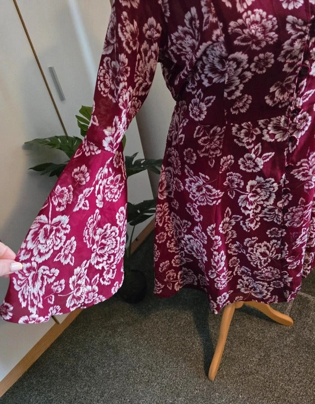 Brave Soul Burgundy Floral Dress Flared Sleeves - Size 10/12