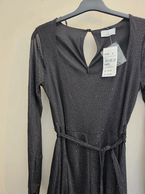 Quiz Black & Silver Sparkle Long-Sleeved Flared Playsuit Size 8 New