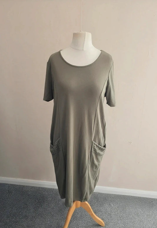 Roman Women's Khaki Green Studded Pocket Short-Sleeved Midi Dress Size 16