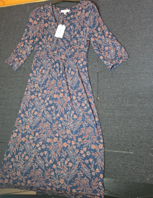 Seasalt Cornwall navy & brown floral midi dress NWT size 10