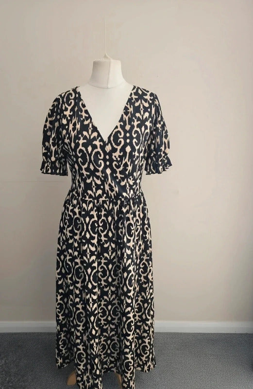 F&F Brown & Black Patterned V-Neck Fit & Flare Midi Dress Size 12-14
