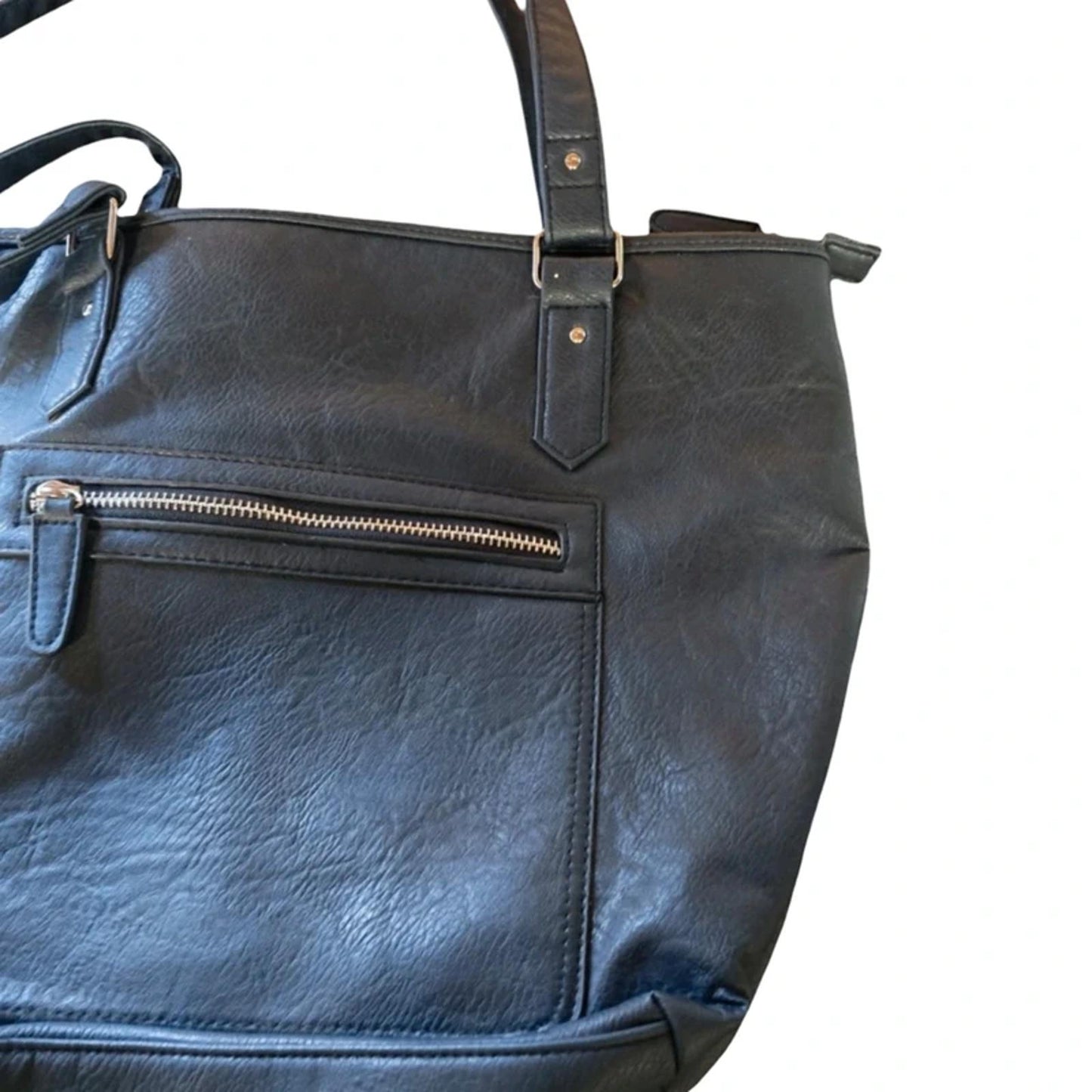 Isle Navy Faux Leather Shoulder Tote Bag With Outer Zip Pocket
