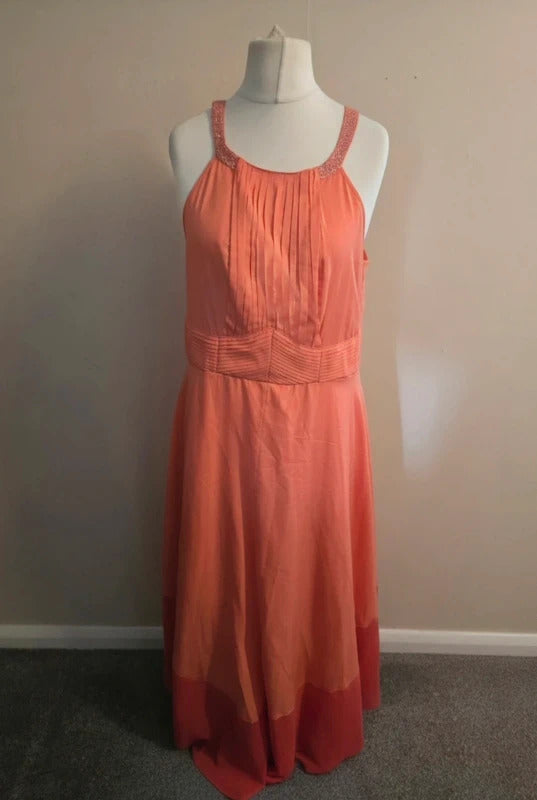 Matalan Coral Orange Gem Strap Pleated Lined Flared Maxi Dress Size 16