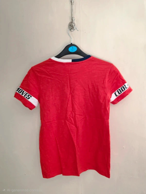 Next Boys Red Slub Textured T-Shirt Slogan Sleeve Taped Trim Age 7 Years