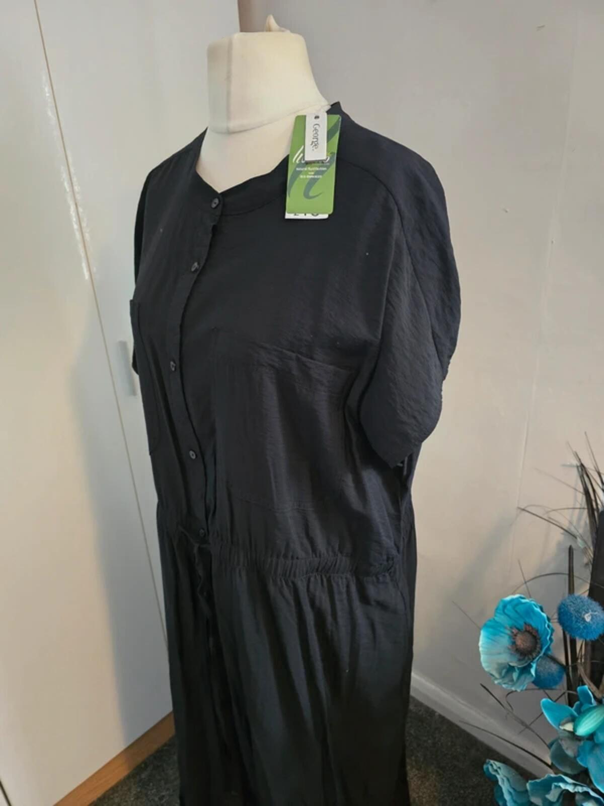 George Black Maxi Shirt Dress Size 22 NWT Short Sleeve Drawstring Waist Pockets