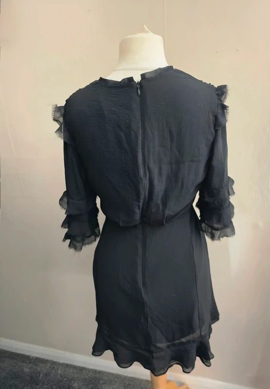 Topshop Black Embroidered Floral Frilly Flared Dress Size 10