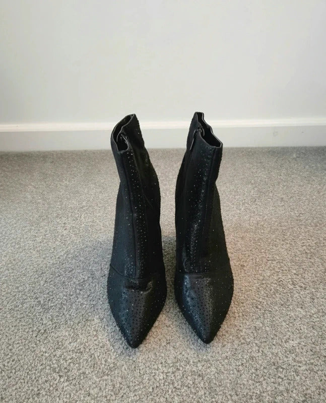 Dune 837olitta Black Embellished Pointed Toe Stiletto Ankle Boots Size 6