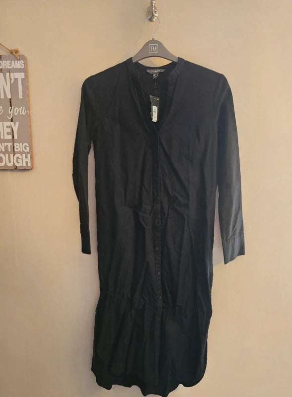 Primark Black Collarless Button Down Long Sleeve Midi Shirt Dress Size 6 NWT