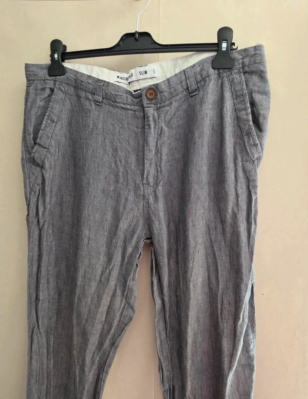 Primark Men’s Grey 100% Linen Slim Fit Chino Trousers W36 L30