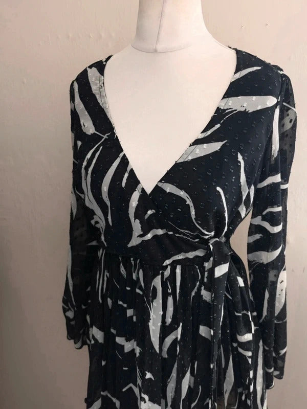 ASOS Monochrome Flare Dress with Sheer Sleeves  Size 12