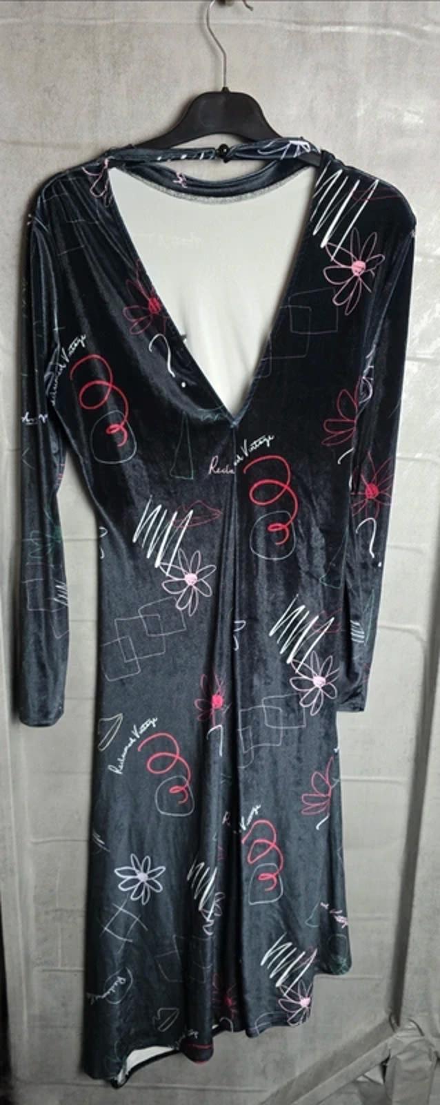 Reclaimed Vintage Black Velvet Dress Size 14 Graphic Ruched Midi V-Back