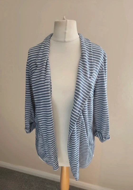 Tu Blue & White Striped Lightweight Open 3/4 Sleeve Relaxed Blazer Size 14