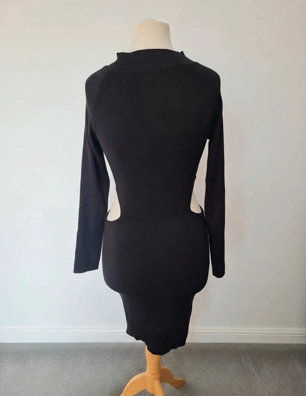 QED London Black Ribbed Bodycon Dress M/L Size 14 Long Sleeve Waist Cut Out