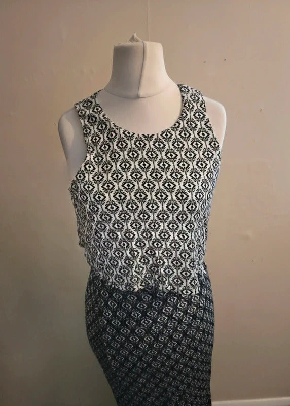 Miss Selfridge Black & White Patterned Layered Top Bodycon Maxi Dress Size 12