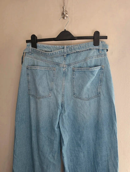 Next Light Blue High Rise Belted Wide Leg Jeans Size 12Reg Causal Retro