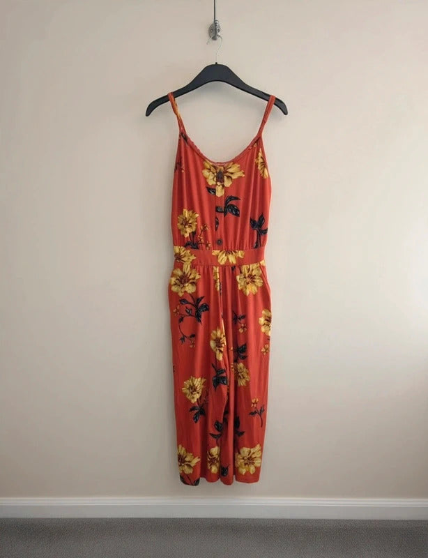 Bobbie Brooks Orange Floral Cropped Jumpsuit Med Size 12-14