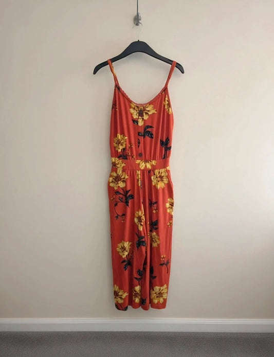 Bobbie Brooks Orange Floral Cropped Jumpsuit Med Size 12-14