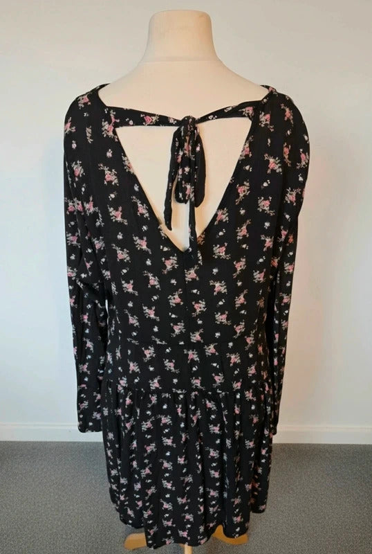 ASOS Black Pink Floral V-Neck Long Sleeve Midi Dress Size 22