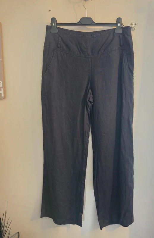 Solar Navy Blue High Waisted Flared 100% Linen Trousers Size UK 12 / EU 40
