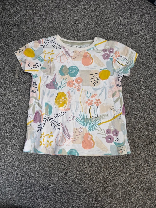Nutmeg Girls White Abstract Floral & Bunny Print Cotton T-Shirt Age 5-6 Years