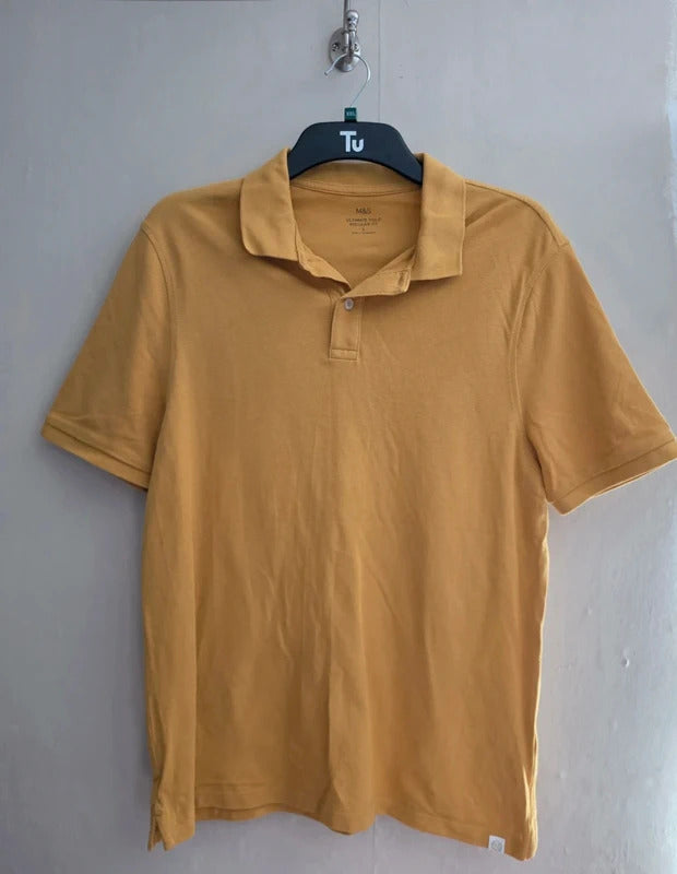 Marks & Spencer Men's Mustard Yellow Short Sleeve Cotton Polo Shirt Size Large