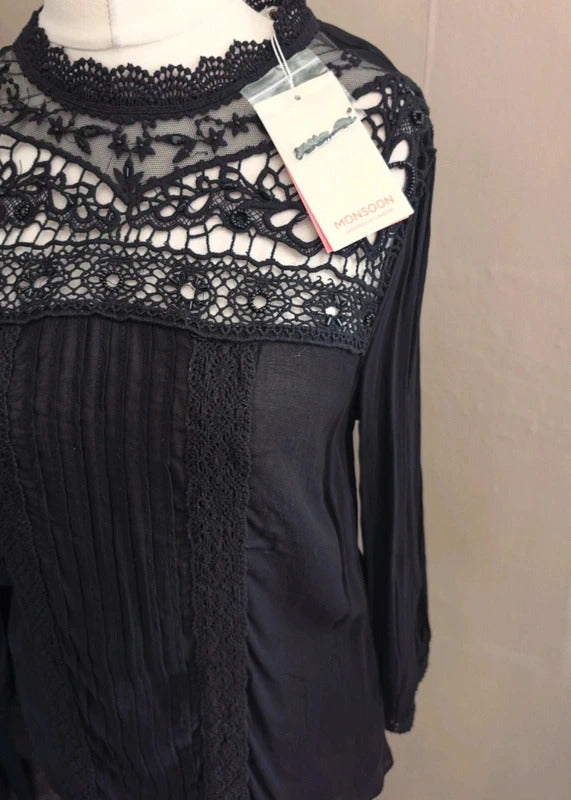 Monsoon Black Beaded High Neck Blouse Size 12 NWT