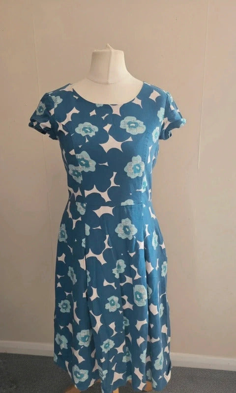Lily & Me Blue & Green Floral Linen Blend Fit & Flare Midi Dress Size 10