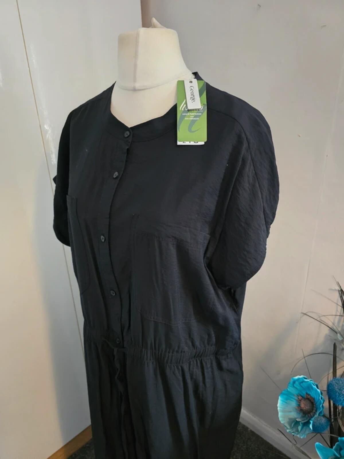 George Black Maxi Shirt Dress Size 22 NWT Short Sleeve Drawstring Waist Pockets
