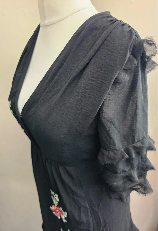 Topshop Black Embroidered Floral Frilly Flared Dress Size 10