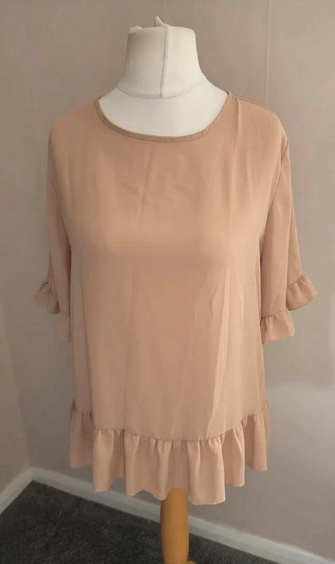 Boohoo Beige Frill Detail Short Sleeve Button Back Blouse Size 16