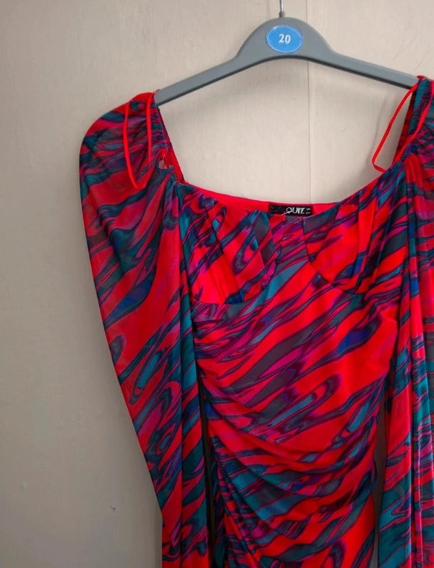 Quiz Red Multicoloured Abstract Print Ruched Mini Dress Size 6 Party Dress
