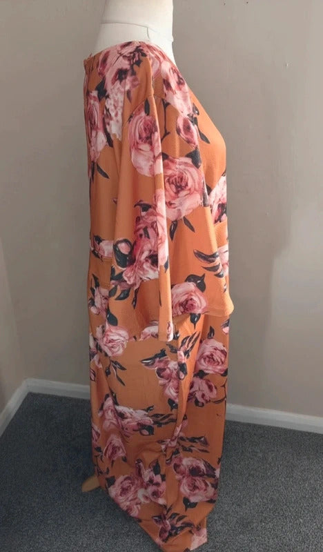 Shein Burnt Orange Floral V-Neck Bodycon Flared Sleeve Long Dress 3XL Size 24