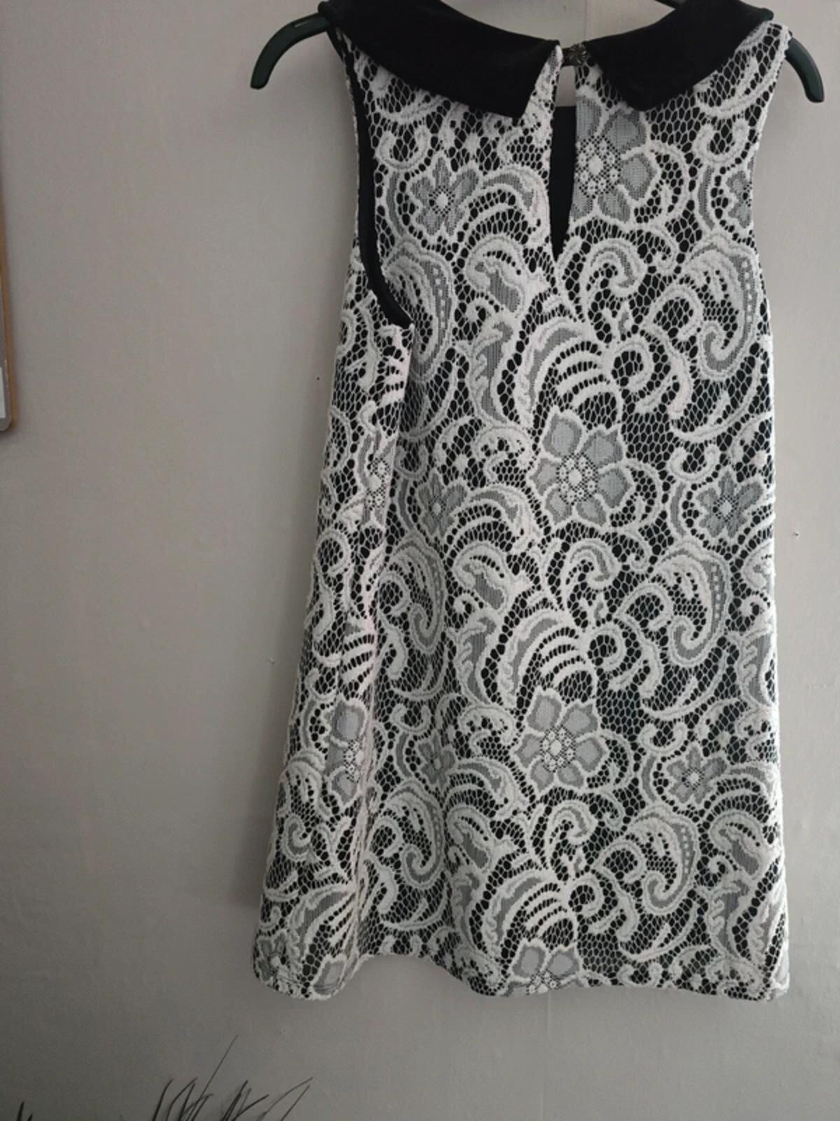 Topshop Black & White Lace Sleeveless A-Line Mini Dress Velvet Collar UK Size 10