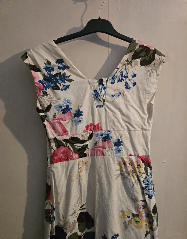 Joules Cream & Multicoloured Floral Sleeveless A-Line Midi Dress Size 8