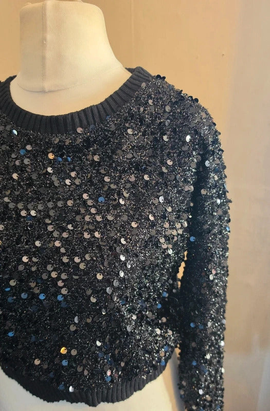 Primark Black Sequin Cropped Jumper Size 10