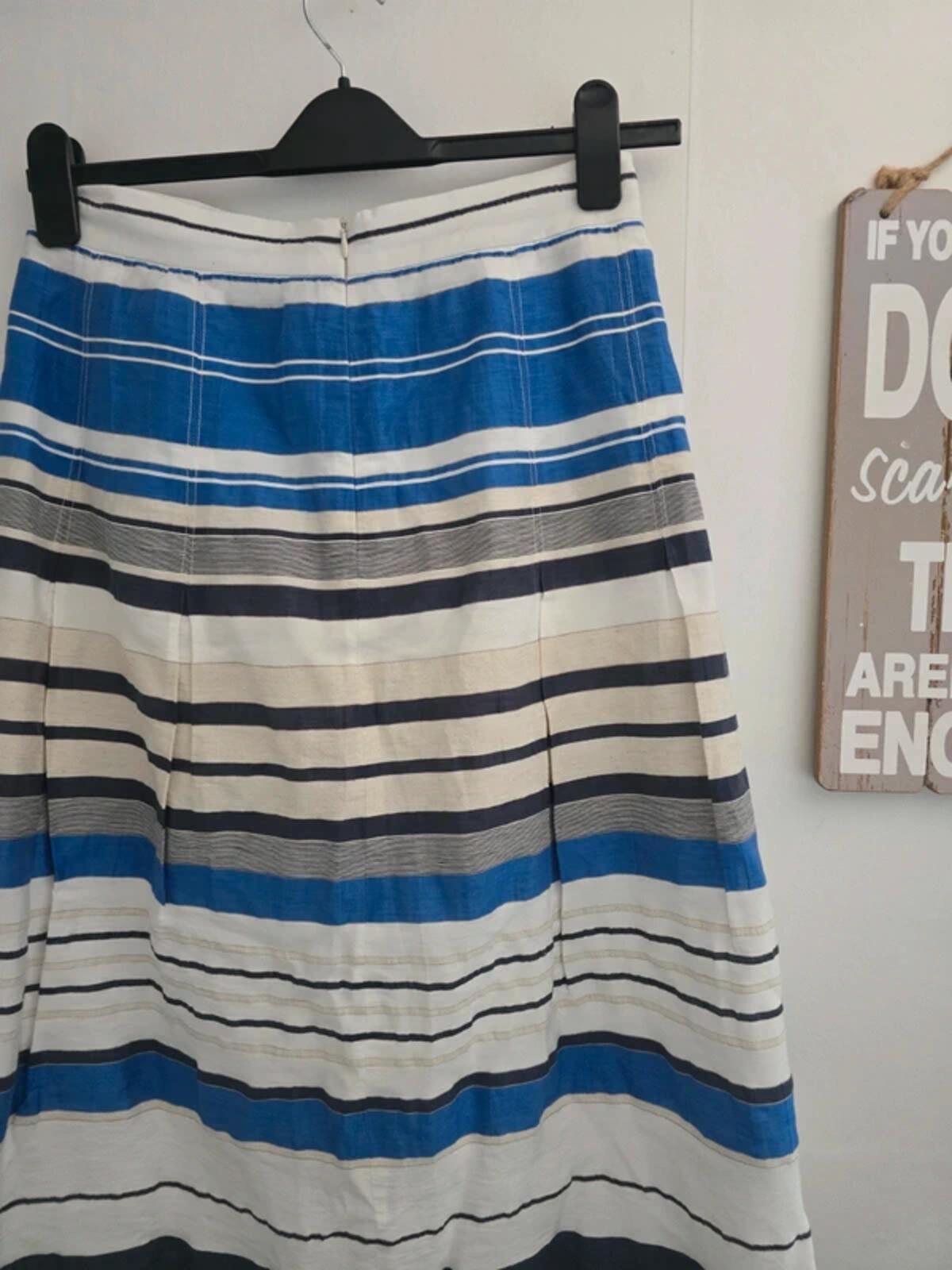 Country Casuals Navy Blue & White Striped Linen Blend Midi Skirt Size 10