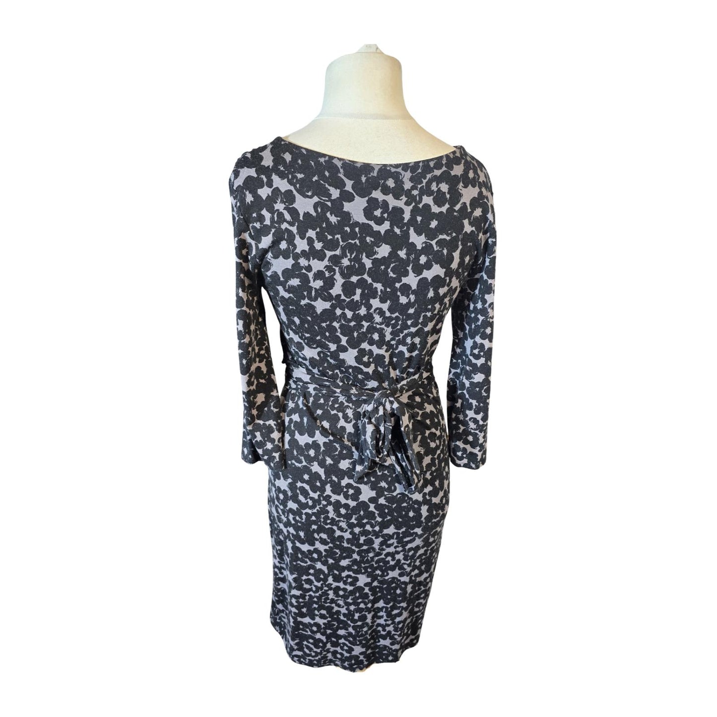 Monsoon Black/Grey Floral Wrap Bodycon Midi Dress – Size 12 – 3/4 Sleeve