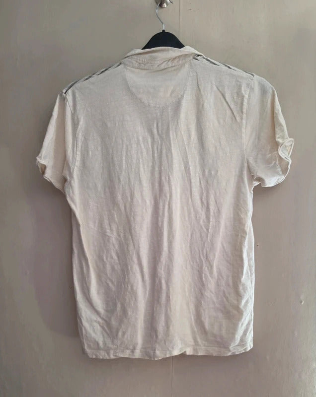 Next Men’s Cream & Grey Striped Short Sleeved Polo Shirt Size Medium
